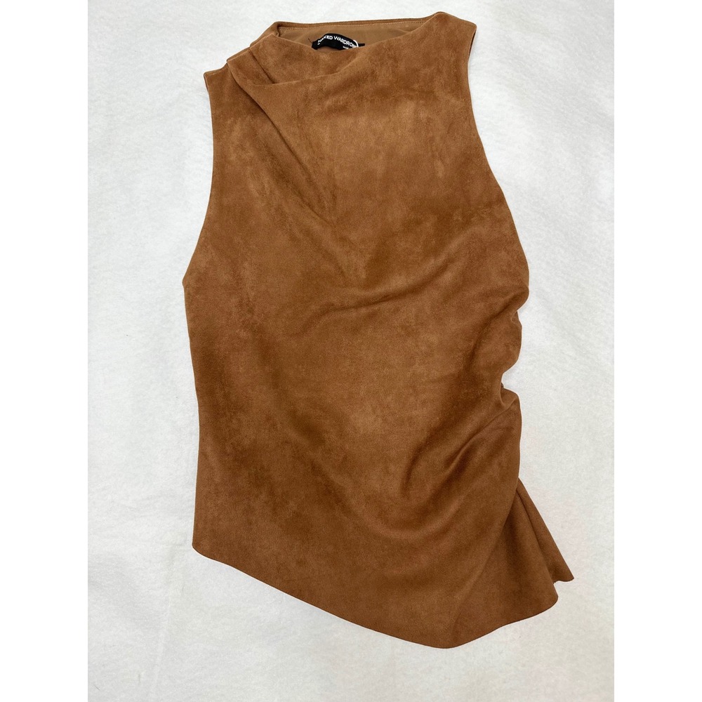 Naked Wardrobe Faux Suede Ruched Top Womens Size M Brown Asymmetrical NWT - Picture 2 of 7